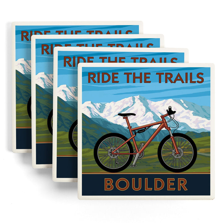 Boulder, Colorado, Mountain Bike, Lantern Press Artwork, Coaster Set - Lantern Press