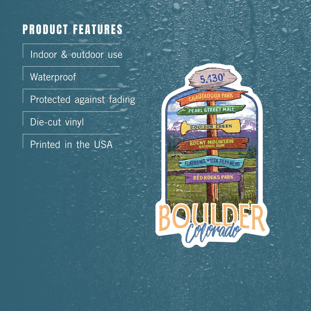 Boulder, Colorado, Signpost Destinations, Contour, Lantern Press Artwork, Vinyl Sticker Sticker Lantern Press 