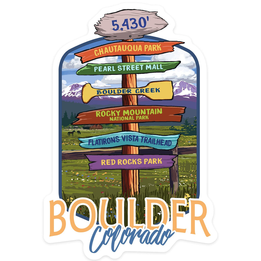 Boulder, Colorado, Signpost Destinations, Contour, Lantern Press Artwork, Vinyl Sticker Sticker Lantern Press 
