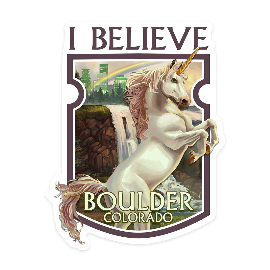 Boulder, Colorado, Unicorn Scene, Contour, Vinyl Sticker Sticker Lantern Press 