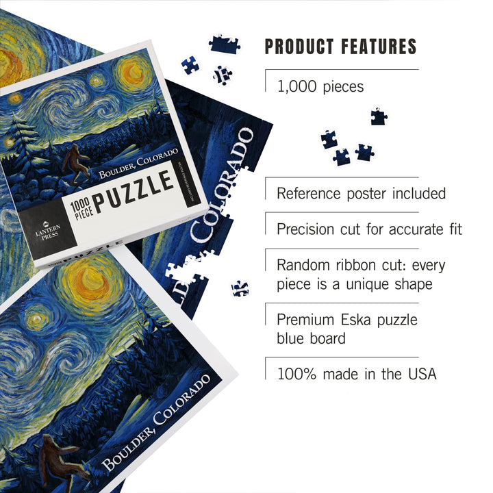 Boulder, Colorado, Winter Bigfoot, Van Gogh Starry Night, Jigsaw Puzzle Puzzle Lantern Press 