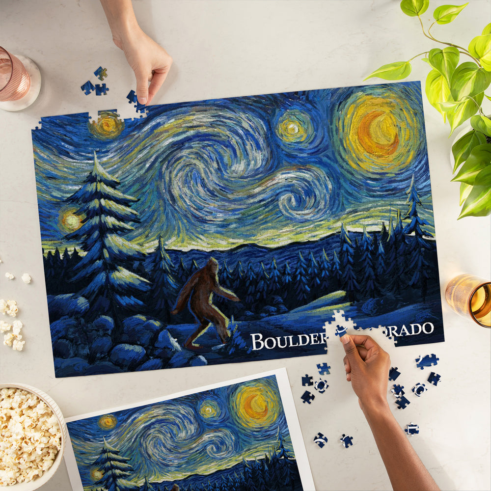 Boulder, Colorado, Winter Bigfoot, Van Gogh Starry Night, Jigsaw Puzzle Puzzle Lantern Press 