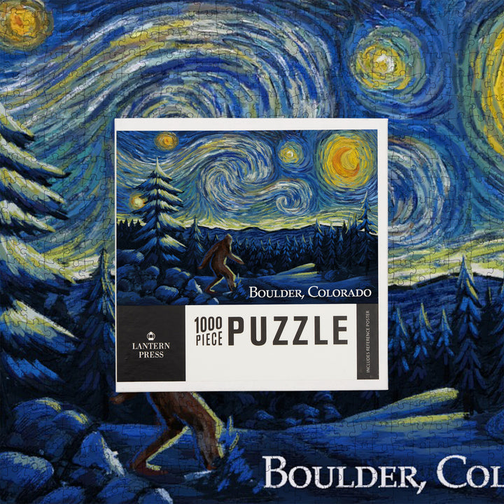Boulder, Colorado, Winter Bigfoot, Van Gogh Starry Night, Jigsaw Puzzle Puzzle Lantern Press 