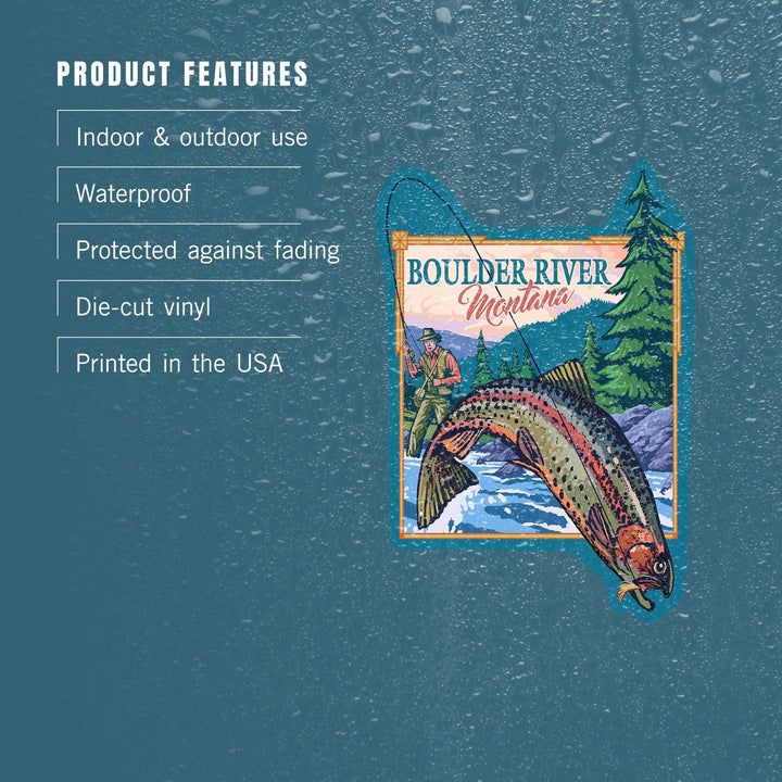 Boulder River, Montana, Fly Fishing Scene, Contour, Vinyl Sticker Sticker Lantern Press 