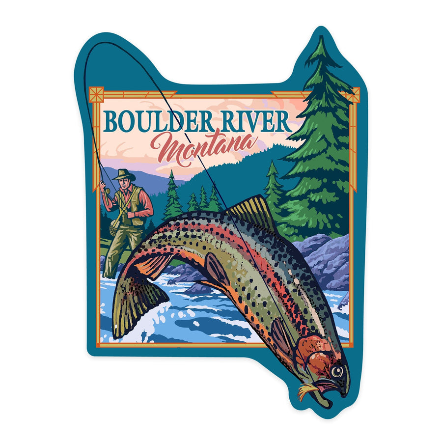 Boulder River, Montana, Fly Fishing Scene, Contour, Vinyl Sticker Sticker Lantern Press 