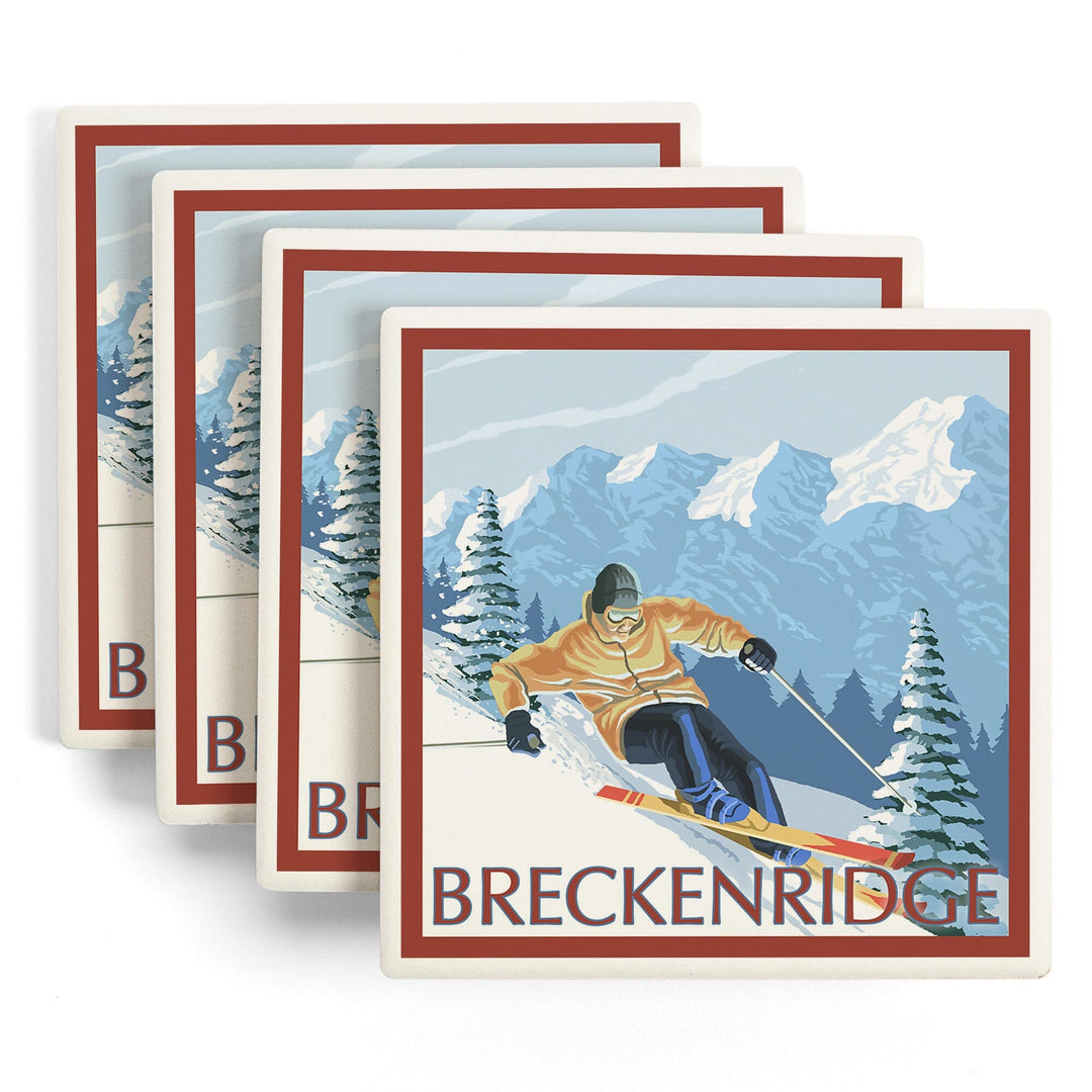 Breckenridge, Colorado, Downhill Skier, Lantern Press Artwork, Coaster Set - Lantern Press