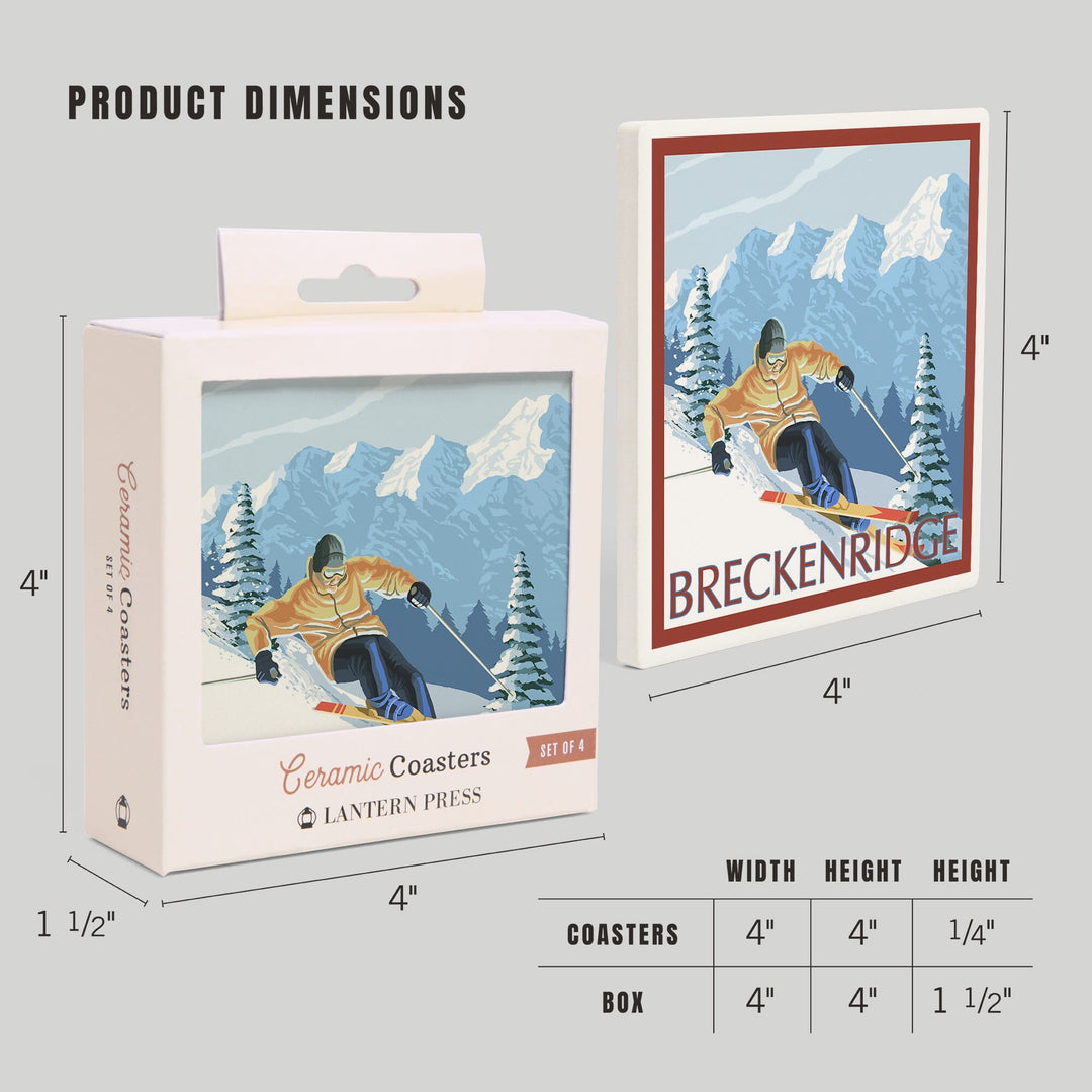 Breckenridge, Colorado, Downhill Skier, Lantern Press Artwork, Coaster Set - Lantern Press