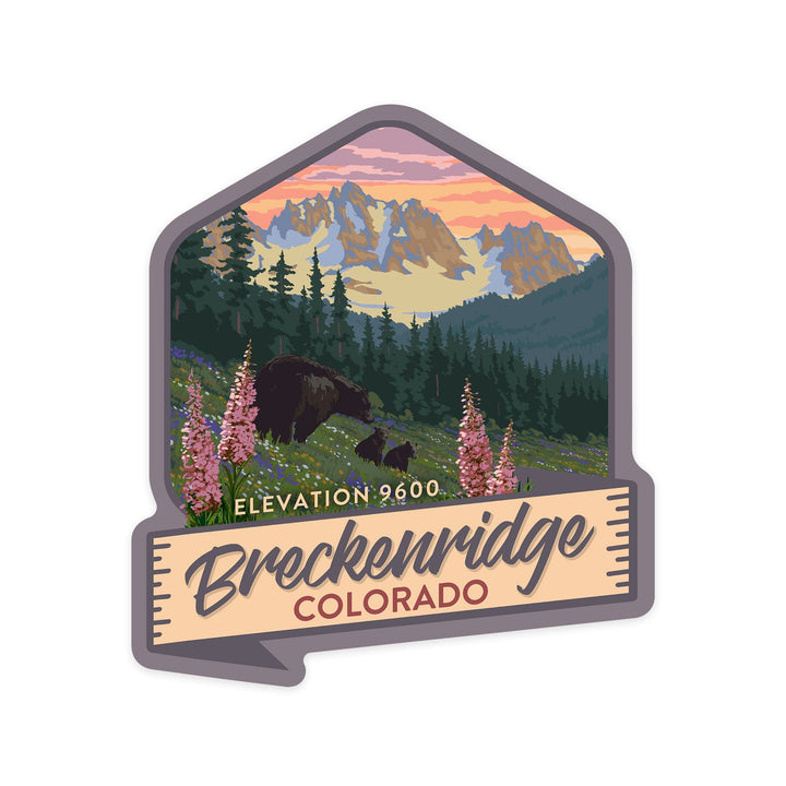 Breckenridge, Colorado, Elevation 9600, Bear & Spring Flowers, Contour, Lantern Press Artwork, Vinyl Sticker Sticker Lantern Press 