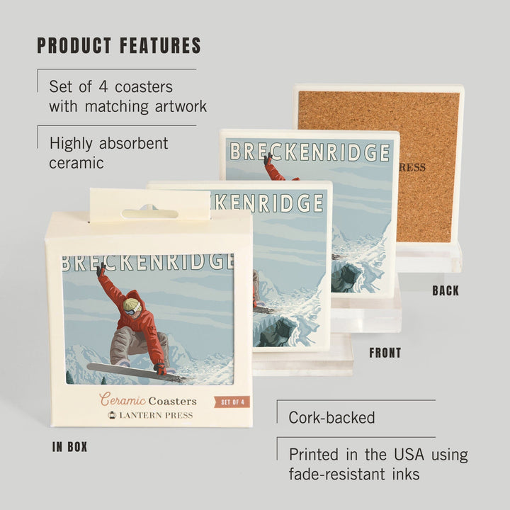 Breckenridge, Colorado, Jumping Snowboarder, Lantern Press Artwork, Coaster Set - Lantern Press