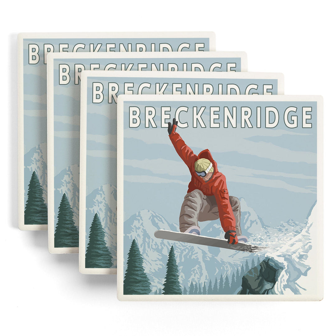 Breckenridge, Colorado, Jumping Snowboarder, Lantern Press Artwork, Coaster Set - Lantern Press