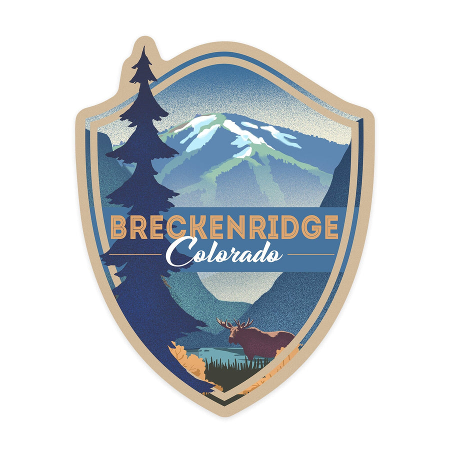 Breckenridge, Colorado, Moose and Mountain, Litho, Contour, Vinyl Sticker Sticker Lantern Press 