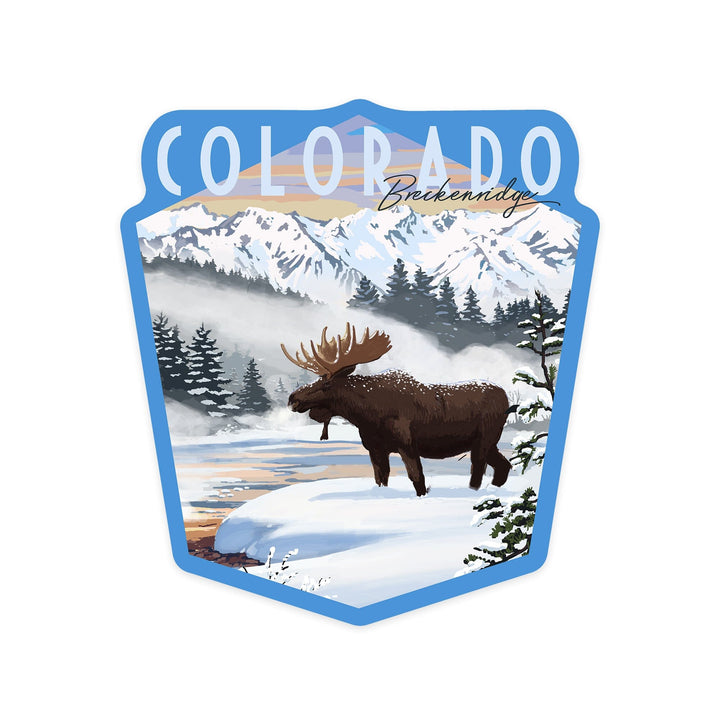 Breckenridge, Colorado, Moose, Winter Scene, Contour, Lantern Press Artwork, Vinyl Sticker - Lantern Press