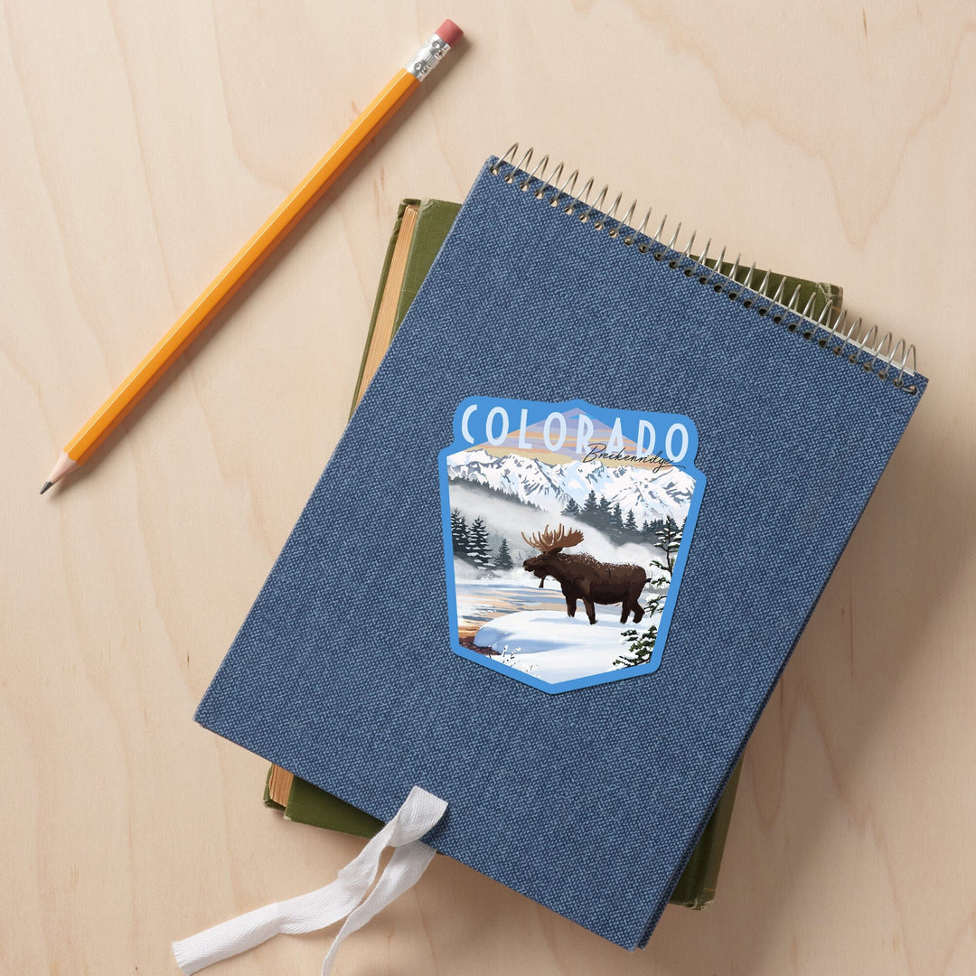 Breckenridge, Colorado, Moose, Winter Scene, Contour, Lantern Press Artwork, Vinyl Sticker - Lantern Press