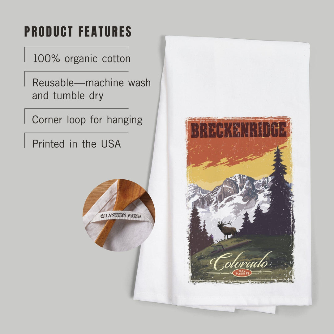 Breckenridge, Colorado, Mountain, Trees, and Elk, Organic Cotton Kitchen Tea Towels Kitchen Lantern Press 