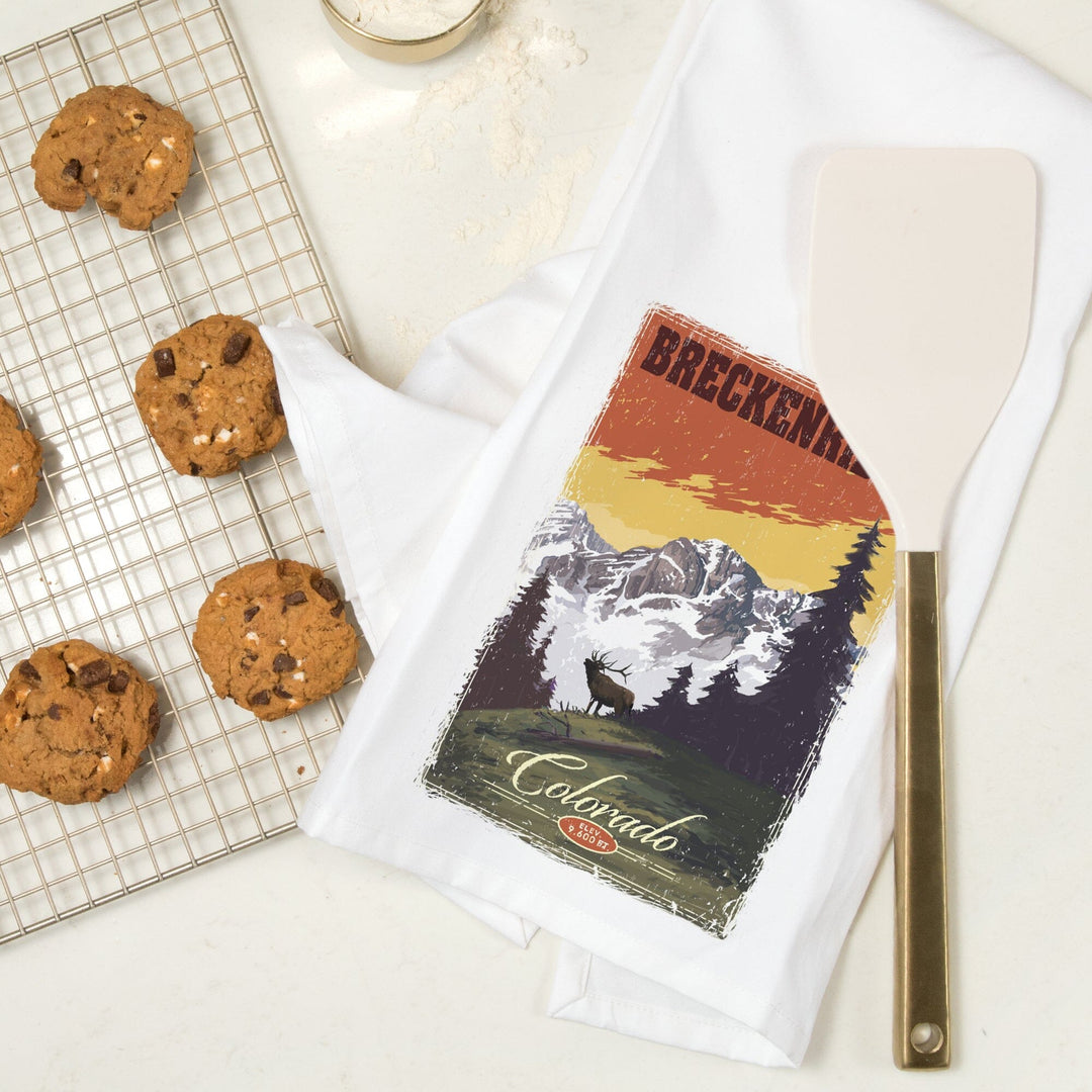Breckenridge, Colorado, Mountain, Trees, and Elk, Organic Cotton Kitchen Tea Towels Kitchen Lantern Press 