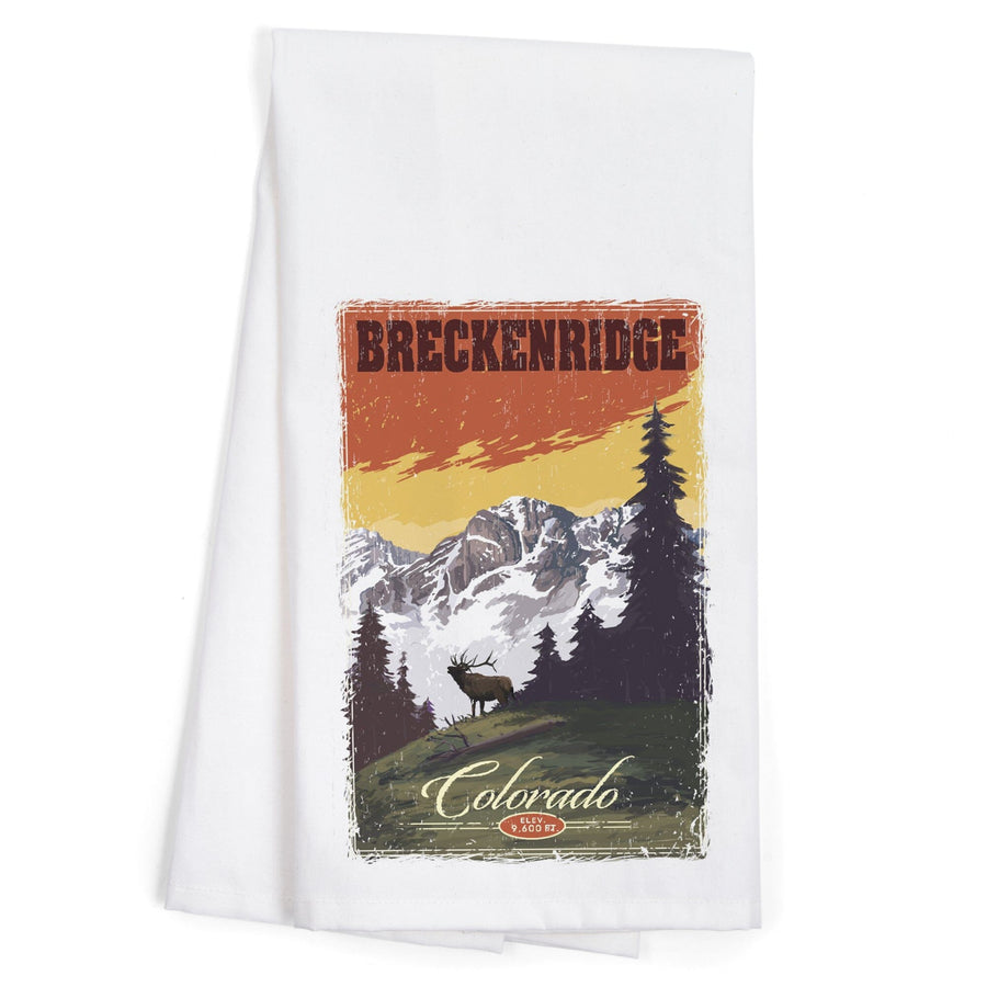 Breckenridge, Colorado, Mountain, Trees, and Elk, Organic Cotton Kitchen Tea Towels Kitchen Lantern Press 