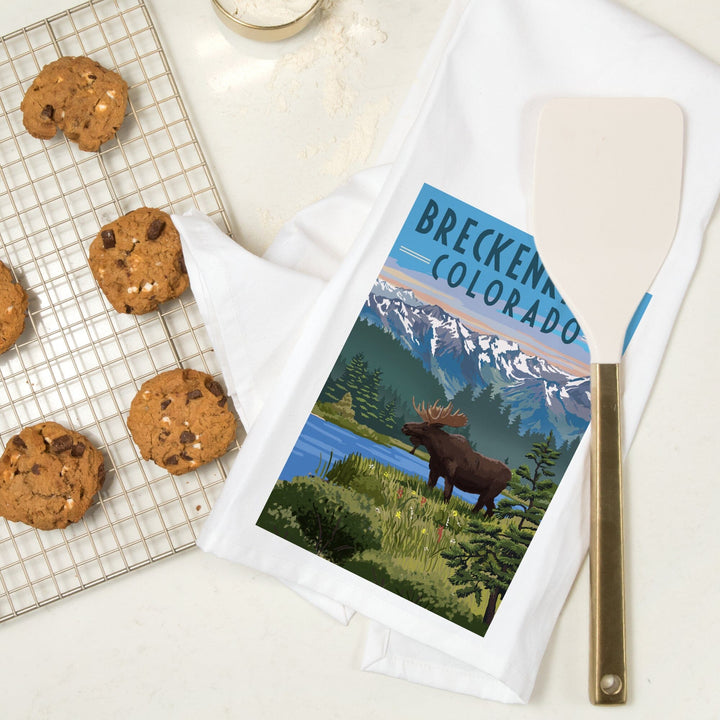 Breckenridge, Colorado, Painterly Series, Moose, Summer Scene, Organic Cotton Kitchen Tea Towels Kitchen Lantern Press 