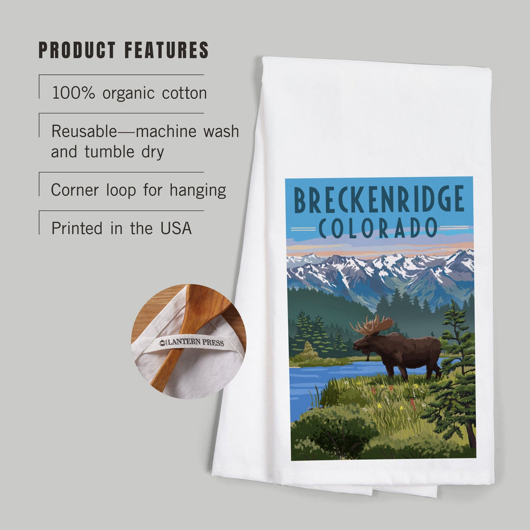 Breckenridge, Colorado, Painterly Series, Moose, Summer Scene, Organic Cotton Kitchen Tea Towels Kitchen Lantern Press 
