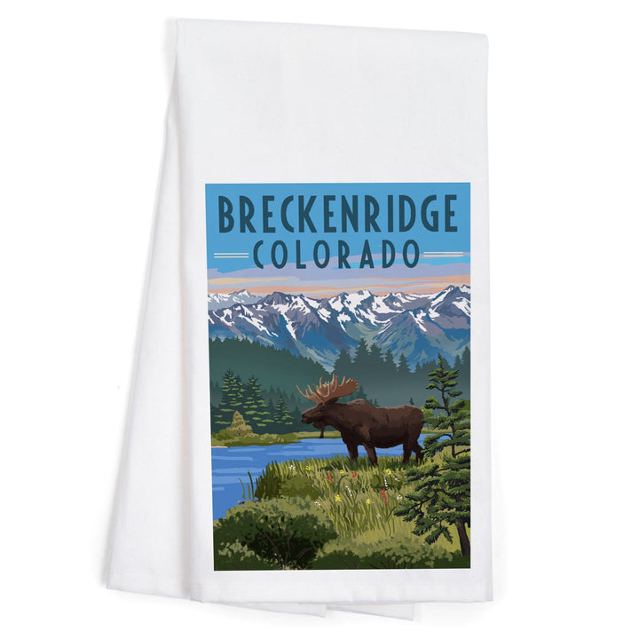 Breckenridge, Colorado, Painterly Series, Moose, Summer Scene, Organic Cotton Kitchen Tea Towels Kitchen Lantern Press 