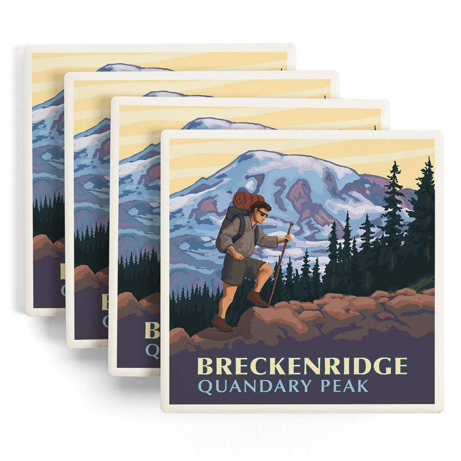 Breckenridge, Colorado, Quandary Peak, Mountain Hiker, Lantern Press Artwork, Coaster Set - Lantern Press