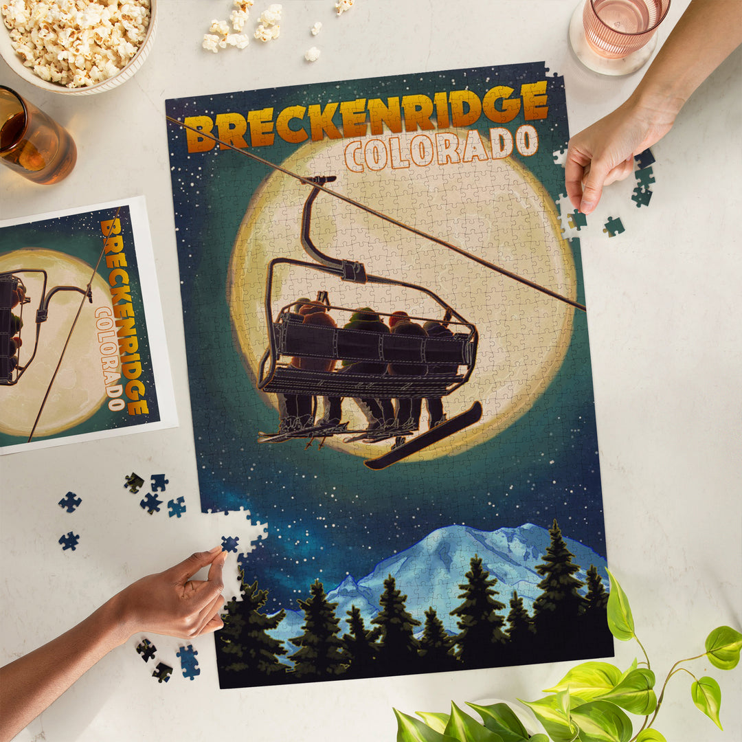 Breckenridge, Colorado, Ski Lift and Full Moon with Snowboarder, Jigsaw Puzzle Puzzle Lantern Press 