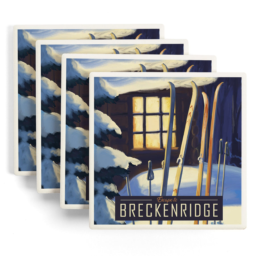 Breckenridge, Colorado, Skis Outside Cabin, Lantern Press Artwork, Coaster Set - Lantern Press