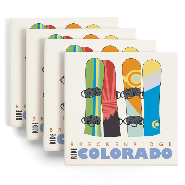 Breckenridge, Colorado, Snowboards in Snow, Lantern Press Artwork, Coaster Set - Lantern Press