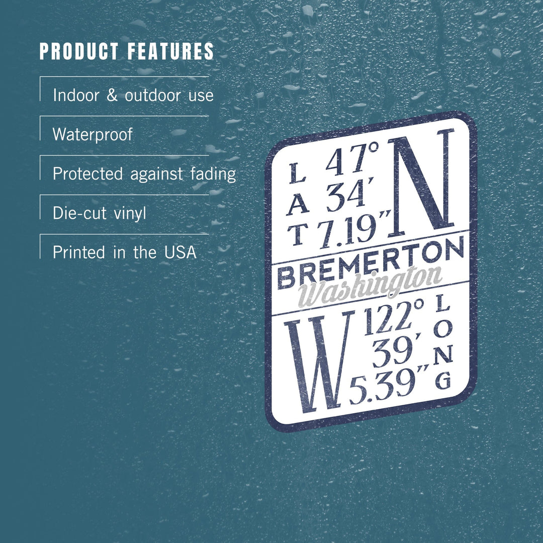 Bremerton, Washington, Latitude and Longitude (Blue), Contour, Vinyl Sticker - Lantern Press