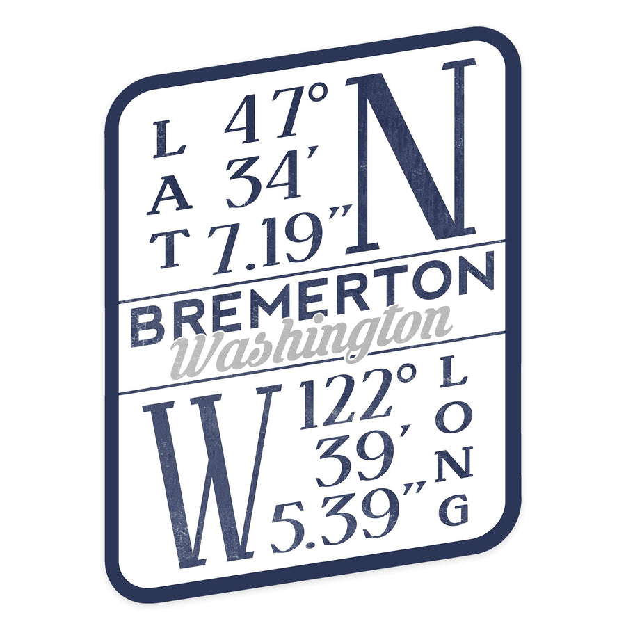 Bremerton, Washington, Latitude and Longitude (Blue), Contour, Vinyl Sticker - Lantern Press