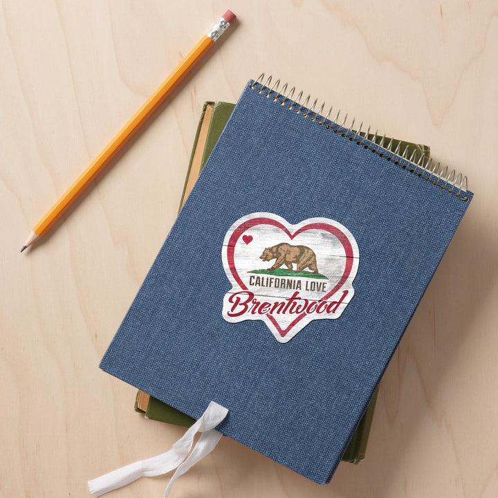 Brentwood, California, State Bear with Heart, Contour, Vinyl Sticker - Lantern Press