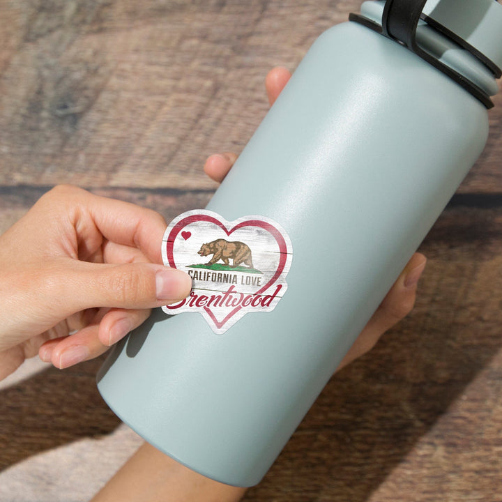 Brentwood, California, State Bear with Heart, Contour, Vinyl Sticker - Lantern Press