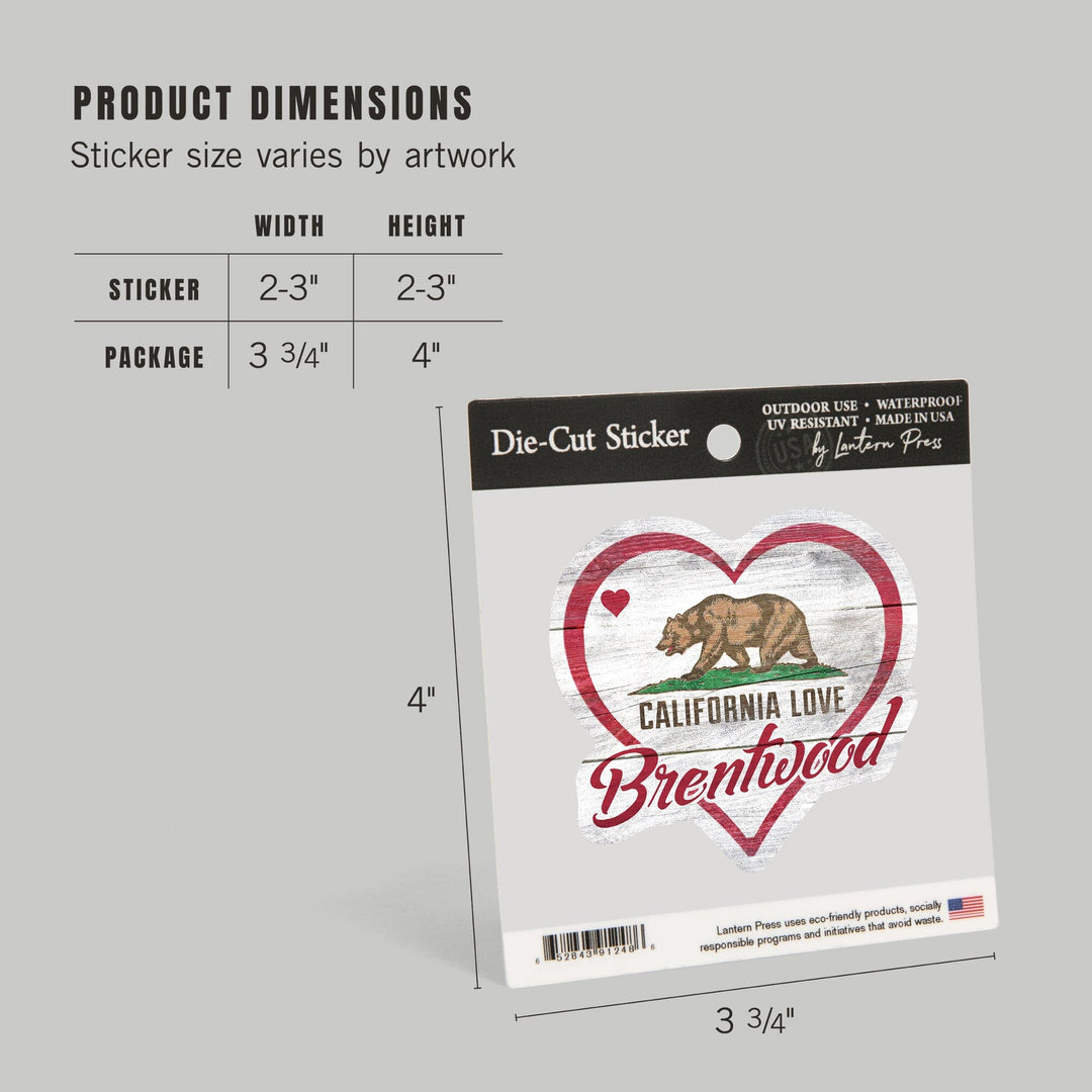 Brentwood, California, State Bear with Heart, Contour, Vinyl Sticker - Lantern Press