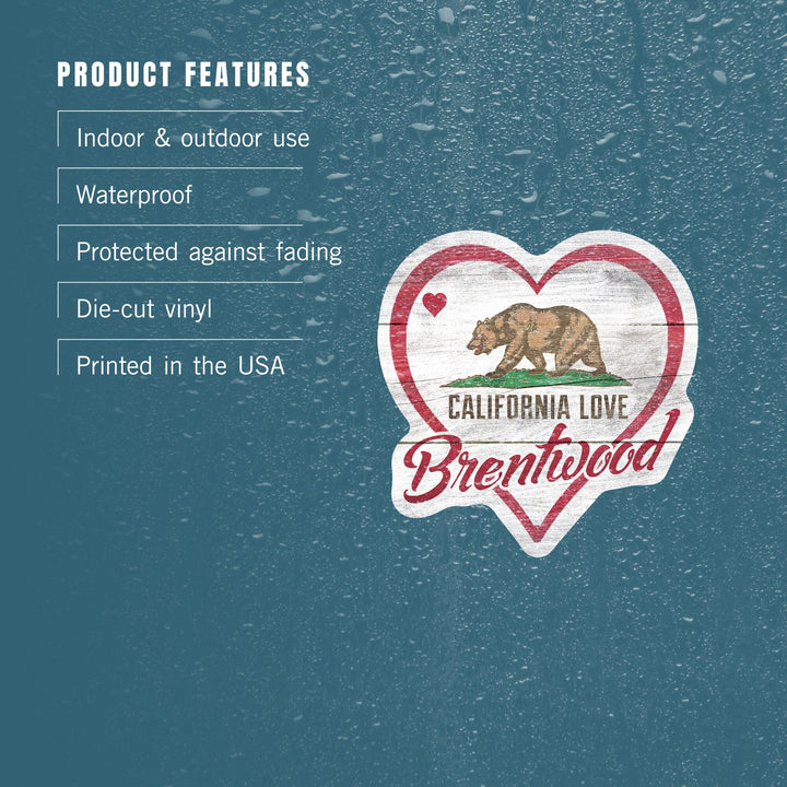 Brentwood, California, State Bear with Heart, Contour, Vinyl Sticker - Lantern Press