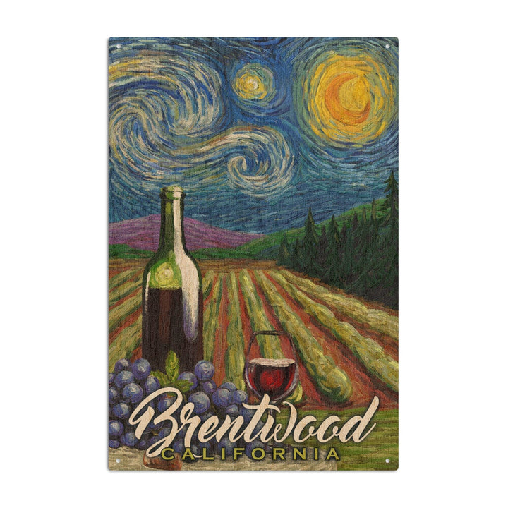 Brentwood, California, Vineyard, Starry Night, Lantern Press Artwork, Wood Signs and Postcards Wood Lantern Press 10 x 15 Wood Sign 