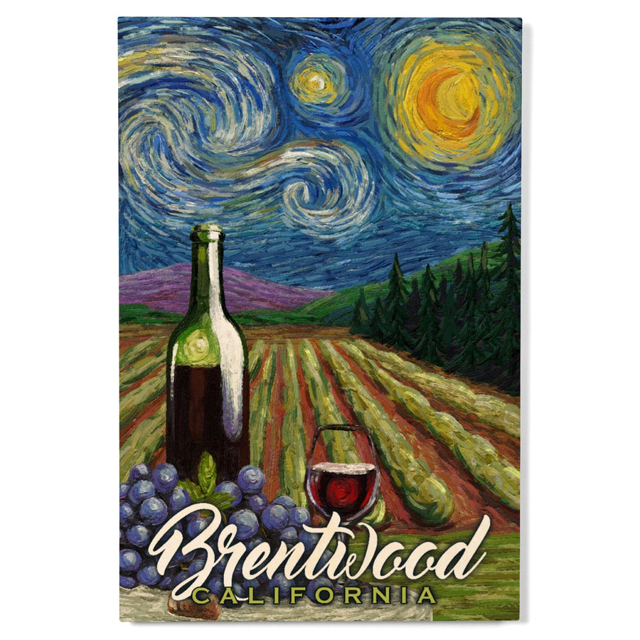 Brentwood, California, Vineyard, Starry Night, Lantern Press Artwork, Wood Signs and Postcards Wood Lantern Press 