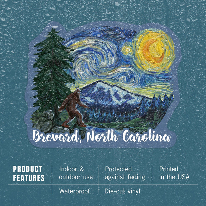 Brevard, North Carolina, Bigfoot, Starry Night, Contour, Vinyl Sticker Sticker Lantern Press 