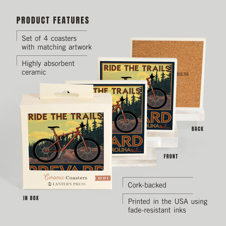 Brevard, North Carolina, Ride the Trails Bicycle, Lantern Press Artwork, Coaster Set - Lantern Press