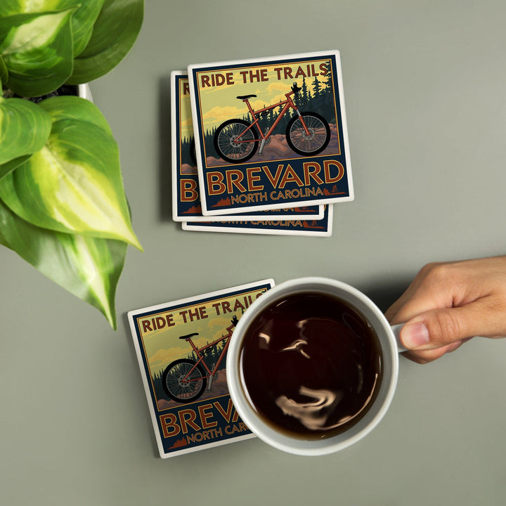 Brevard, North Carolina, Ride the Trails Bicycle, Lantern Press Artwork, Coaster Set - Lantern Press