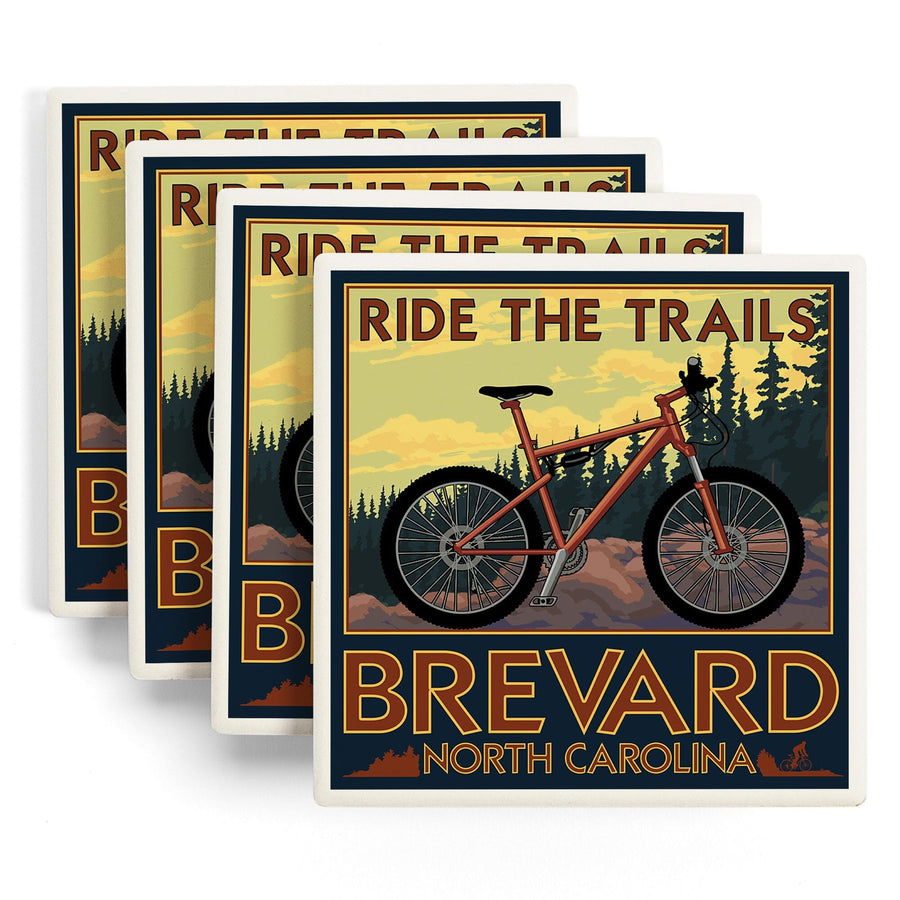 Brevard, North Carolina, Ride the Trails Bicycle, Lantern Press Artwork, Coaster Set - Lantern Press