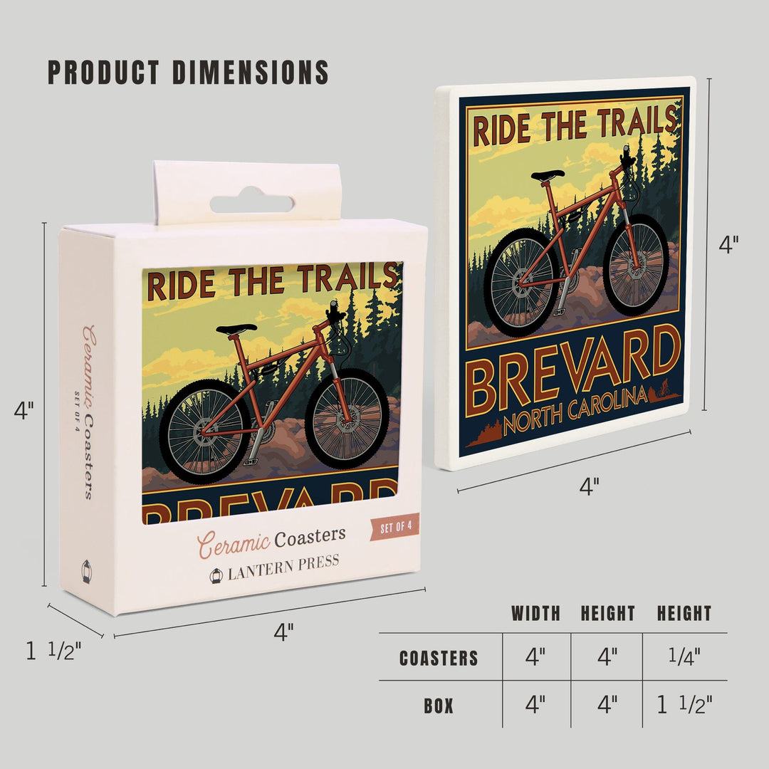 Brevard, North Carolina, Ride the Trails Bicycle, Lantern Press Artwork, Coaster Set - Lantern Press