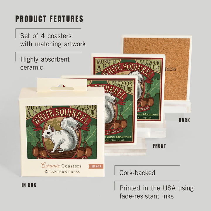 Brevard, North Carolina, White Squirrel Vintage Sign, Coasters Coasters Lantern Press 