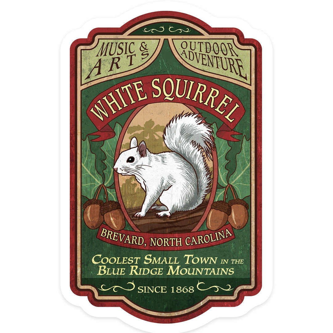 Brevard, North Carolina, White Squirrel, Vintage Sign, Contour, Lantern Press Artwork, Vinyl Sticker Sticker Lantern Press 