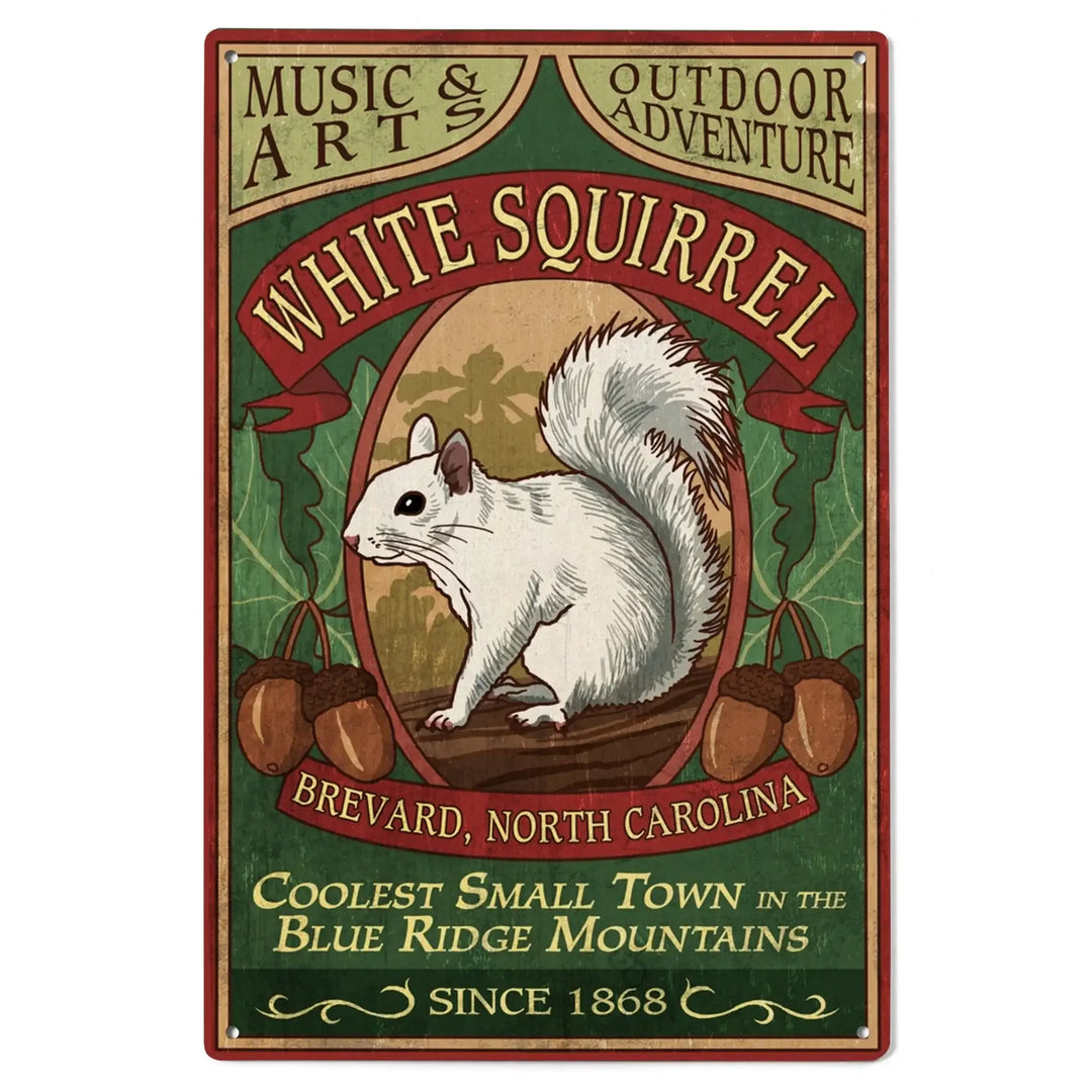 Brevard, North Carolina, White Squirrel Vintage Sign, Lantern Press Artwork, Wood Signs and Postcards - Lantern Press