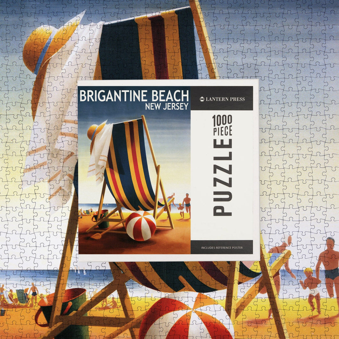 Brigantine Beach, New Jersey, Beach Chair and Ball, Jigsaw Puzzle Puzzle Lantern Press 