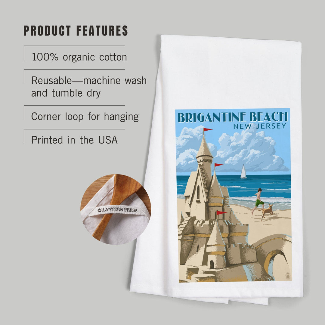 Brigantine Beach, New Jersey, Sandcastle, Organic Cotton Kitchen Tea Towels - Lantern Press