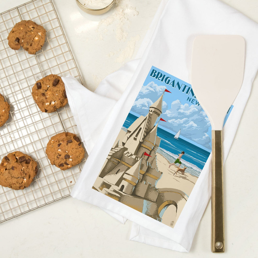 Brigantine Beach, New Jersey, Sandcastle, Organic Cotton Kitchen Tea Towels - Lantern Press