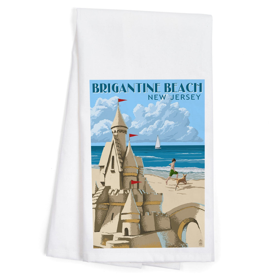 Brigantine Beach, New Jersey, Sandcastle, Organic Cotton Kitchen Tea Towels - Lantern Press