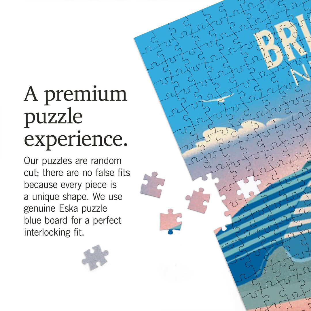 Brigantine, New Jersey, Lithograph, Beach Chair and Umbrella, Jigsaw Puzzle Puzzle Lantern Press 