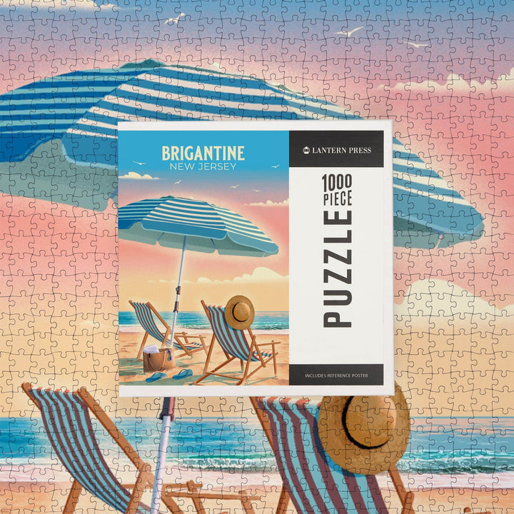 Brigantine, New Jersey, Lithograph, Beach Chair and Umbrella, Jigsaw Puzzle Puzzle Lantern Press 