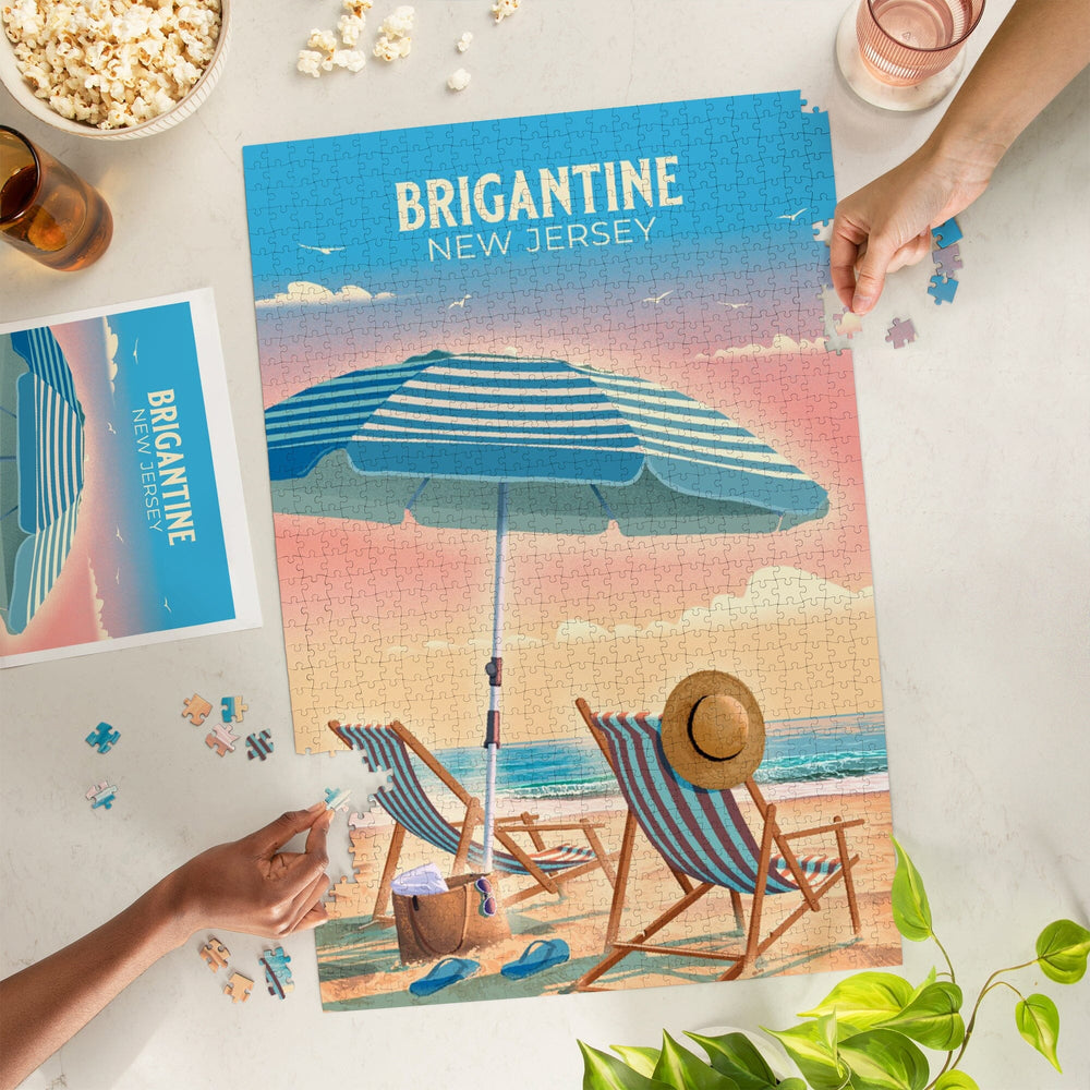 Brigantine, New Jersey, Lithograph, Beach Chair and Umbrella, Jigsaw Puzzle Puzzle Lantern Press 